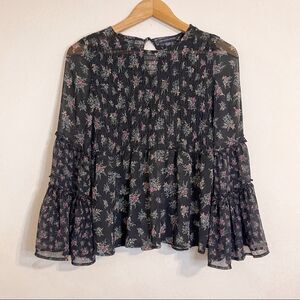 American Eagle Black Sheer Floral Boho Ruffle Blouse XS